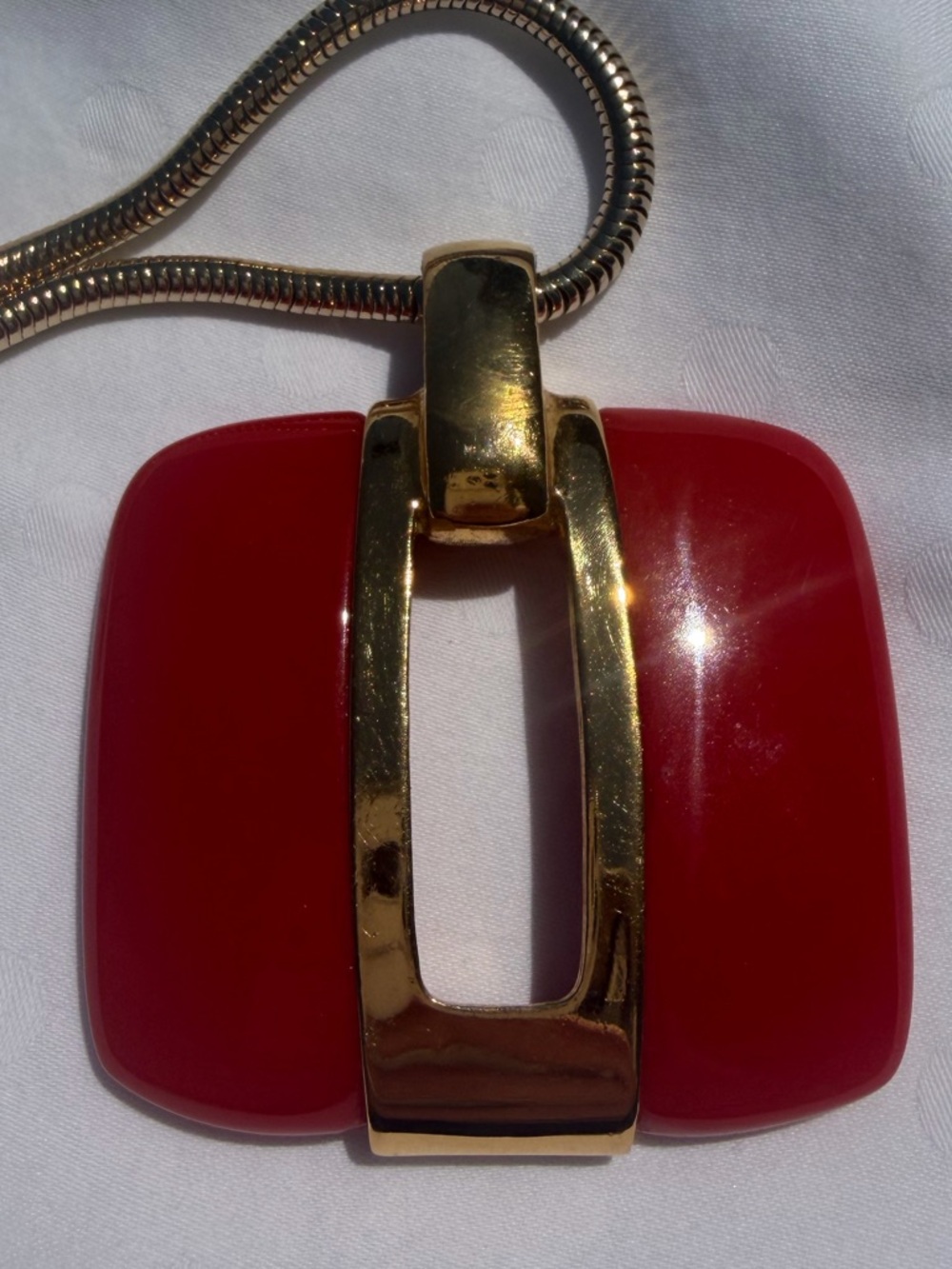 LANVIN Vintage 1970s Gold Plated and Red Pendant Keyhole Necklace w/ Snake Chain - Picture 10 of 10